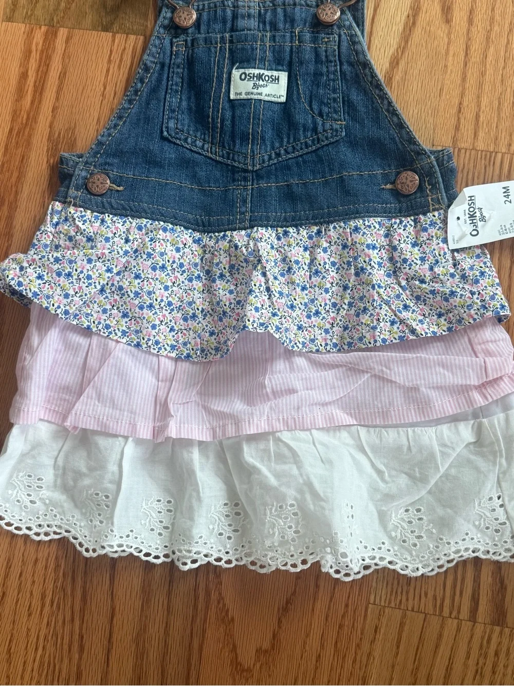 OshKosh B'gosh Denim Ruffled Floral & Eyelet Overall Dress - Blue, Pink, White
